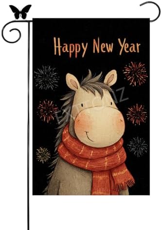 Happy New Year Garden Flag 12x18 Double Sided Vertical Linen Small Fireworks Horse House Flag Welcome Holiday Winter House Outdoor Outside Decorations (27163)