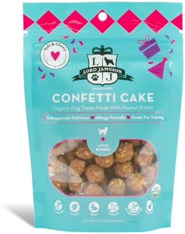 Lord Jameson Confetti Cake Soft & Chewy Certified Organic Dog Treats for Small Breeds - Peanut Butter & Coconut - Small Bite, No-Bake Recipe, Gluten-Free, Preservative-Free - Made In USA - 3 oz