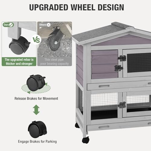 Indoor/Outdoor Rabbit Hutch with Pull-Out Tray, Weatherproof Bunny Cage & Attached Run - Also for Chickens (Grey, L)