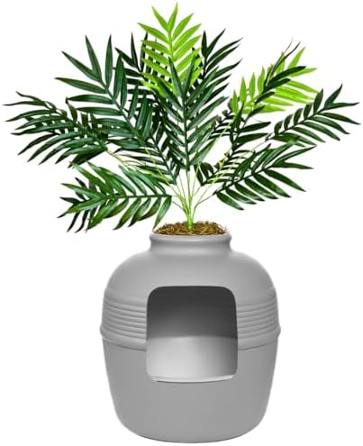 Good Pet Stuff Original Hidden Litter Box Planter, Decorative Cat Litter Enclosure with Carbon Filter, Artificial Palm Plant, Upgraded Design, Easy Clean Litter Tray, Essentials Kit, Stone Gray