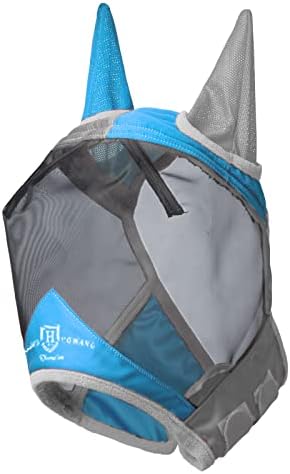Harrison Howard Pro Luminous Horse Fly Mask Standard with Ears UV Protection for Horse Azure Blue/Silver XL Extra Full Size