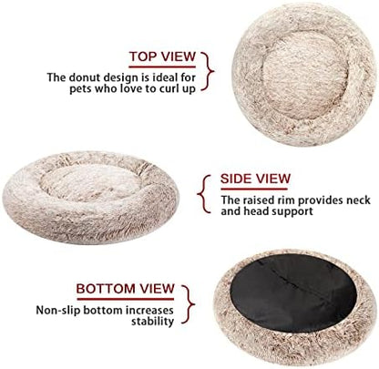 Bedfolks Calming Fluffy Donut Dog Bed for Large Dogs,Brown, 36" Round