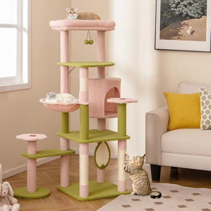 PETSITE 58-inch Flower Cat Tree, Multi-Level Cat Tower with Sisal Scratching Posts and Board, Cat Condo, Side Basket, and Dangling Balls, Cute Pink Cat Tree Tower for Indoor Cats