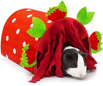 Guinea Pig Hideout, Soft Fleece Strawberry Pet Bed & Tunnel House
