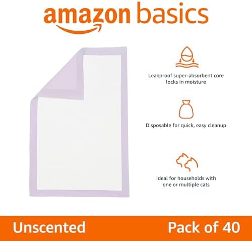 Amazon Basics Cat Pee Pads, Super Absorbent, Odor Control, Universal Fit for Litter Box, Disposable, Multi Cat, Unscented, Purple, 40 Count