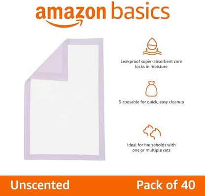Amazon Basics Cat Pee Pads, Super Absorbent, Odor Control, Universal Fit for Litter Box, Disposable, Multi Cat, Unscented, Purple, 40 Count