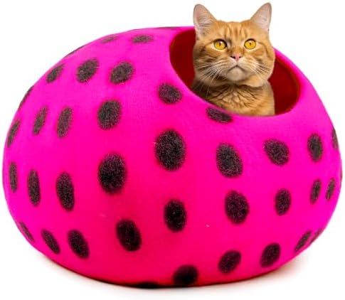 Woolygon Premium Felt Cat Cave Bed – Wool Kitty Beds Handcrafted Kitten Caves Bed for Indoor Cats - Made from Merino Wool, Foldable Cat Hideaway Covered Cat House Pod (Pink Polka)