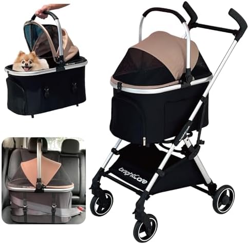 Small Pet Stroller for Dogs & Cats Under 20 lb with Detachable Carrier, Converts to Car Seat, Ultra-Lightweight only 11lb, One Hand Fold