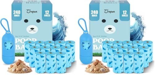 Joyeux 240 Count Ocean Scent Dog Poop Bags Rolls,with Dispenser,Leak-Proof Large Doggie,Extra Thick Poop Bag for Dogs,Cats Litter Bags,Blue Trash Bags for Doggy Pets Bolsa de Popo de Perro (Pack of 2)