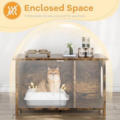 Shintenchi Cat Litter Box Enclosure, Litter Box Furniture Cabinet Hidden with Removable Divider, Wooden Cat House with End Table, Brown, 31.5 inch