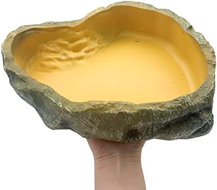 Reptile Water Dish,Resin Reptile Rock Food Feeder Bowl, Water and Food Bowl,Terrarium Decor for Leopard Gecko, Lizard,Spider,Turtle,Scorpion, Chameleon,Hermit Crabs (L, Yellow)