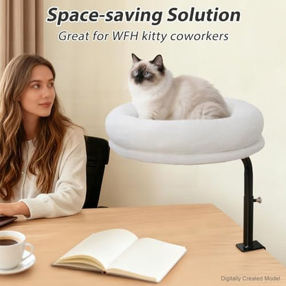 Sunhoo Cat Desk Bed 360° Rotating Height Adjustable Desktop Mount Hammock Kitten Perch Easy Setup Kitty Nest Table Clamp-on Attachment for Indoor Cats Washable 17" Diameter Hold Up to 40lbs（White）