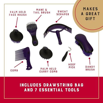 Weaver Equine Horse Grooming Kit, 7-Piece Horse Brush Set with Organizer Tote Bag, Hoof Pick, Comb, Sweat Scraper, Equine Tools for Daily Grooming, Purple Geo