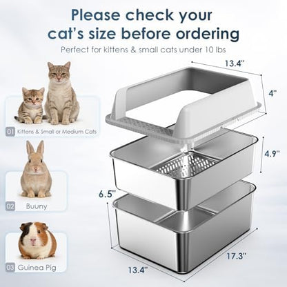 2PK Stainless Steel Litter Box with Lid, High Sided Sifting Litter Boxes for Pine Pellets, 17.3"x13.4"x10.5" Enclosed Metal Litter Box for Small Cats & Multi‑Cat Homes, Anti-Leakage, Easy Cleaning