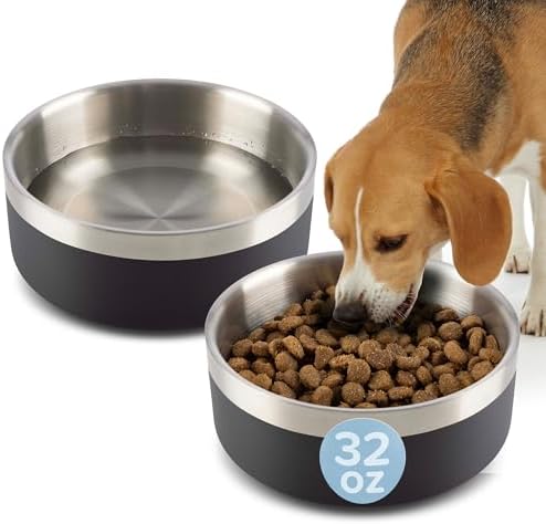 Set of 2 Stainless Steel Dog Bowls - 32oz/4 Cups Double Wall Insulated Food and Water Bowls for Dogs and Cats, Non Slip Metal Pet Dishes for Small-Medium Pets, Puppy Essentials by PETMAKER (Black)