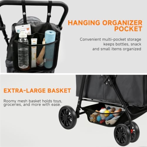 Dog Stroller for Large & Medium Dogs (Up to 66 lbs), Pet Stroller for 2 Small Dogs with Adjustable Handle & Canopy, Sun Shades, Storage Organizer, Oxford Fiber, Foldable & Ventilated