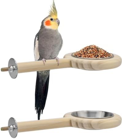 KATUMO Bird Perch Feeding Cup Birds Platform Parrot Wood Perch Stand Toy Cage Accessory for Parakeet Lovebird Cockatiel Conure Budgie Small Parrots (L Perch (Pack of 2))