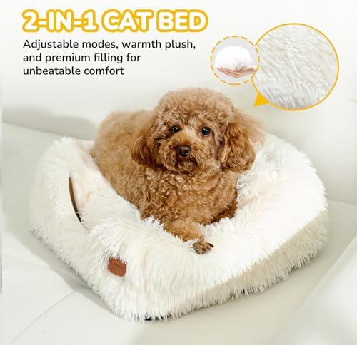 CATISM Cat Bed, Cat Cave for Indoor Cats, Soft Cat Dome, Self-Warming 2 in 1 Foldable Pet Cat House with Washable Cushioned Pillow Calming Fluffy Dog Beds for Small Dogs with Anti-Slip Bottom White