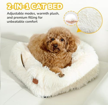 CATISM Cat Bed, Cat Cave for Indoor Cats, Soft Cat Dome, Self-Warming 2 in 1 Foldable Pet Cat House with Washable Cushioned Pillow Calming Fluffy Dog Beds for Small Dogs with Anti-Slip Bottom White