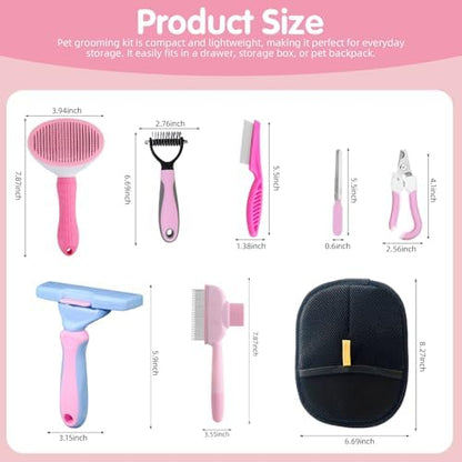 Aglads 8PCS Cat Rabbit Bunny Dog Grooming Kit, Self-Cleaning Slicker Brush & Deshedding Comb, Dematting Tool, Nail Clipper File, Flea Comb, Portable Storage Bag for Long/Short Haired Pets(8, pink)