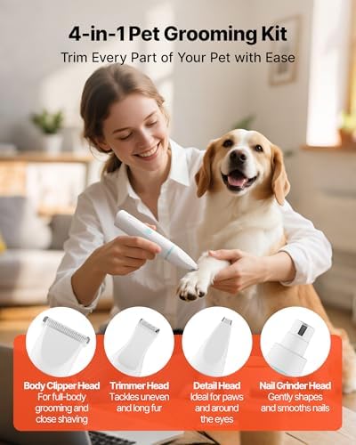 VEVOR Dog Clippers for Grooming, 4 in 1 Dog Grooming Kit, Low Noise, Rechargeable Pet Shaver with 6 Combs & 4 Detachable Blades, Waterproof Cordless Pet Hair Trimmers Nail Grinder Set for Dogs Cats