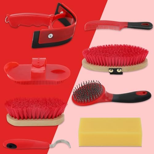 Horse Grooming Kit, 9-Piece Horse Brush Set with Tote Bag, Red