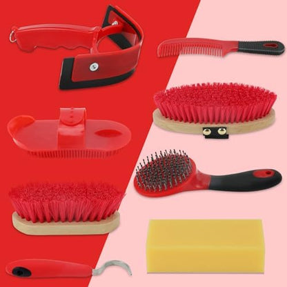 Horse Grooming Kit, 9-Piece Horse Brush Set with Tote Bag, Red