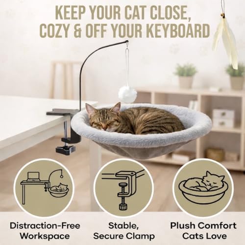 Cat Desk Bed for Home Office – Sunken Clamp-On Cat Hammock Holds 40 lbs | Fits Desks 0.8-2.4", 14" Washable Nest, Non-Slip Heavy-Duty Mount, Space-Saving Cat Perch for Remote Workers