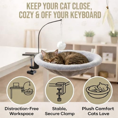 Cat Desk Bed for Home Office – Sunken Clamp-On Cat Hammock Holds 40 lbs | Fits Desks 0.8-2.4", 14" Washable Nest, Non-Slip Heavy-Duty Mount, Space-Saving Cat Perch for Remote Workers