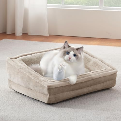 Laojin Balhen Cat Couch for Pets, Washable Cat Beds for Indoor Cats, Super Soft Plush Supportive Dog Couch Bed for Puppy and Kitten with Anti-Slip Bottom, 24inch, Beige