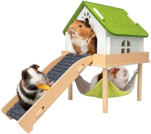 BESNEW 3 in 1 Enlarged Guinea Pig Hammock,Wooden Guinea Pig Hideout with House & Platform & Stairs Small Animal Toys for Hiding Sleeping Activities