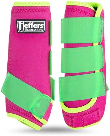 Jeffers Expression Neon Protective Horse Boots,1 Pair, Pink & Lime - Safe Neoprene Leg Guards, Durable Strap Closures, Front & Hind Support, Equestrian Accessories for Travel & Riding - Medium