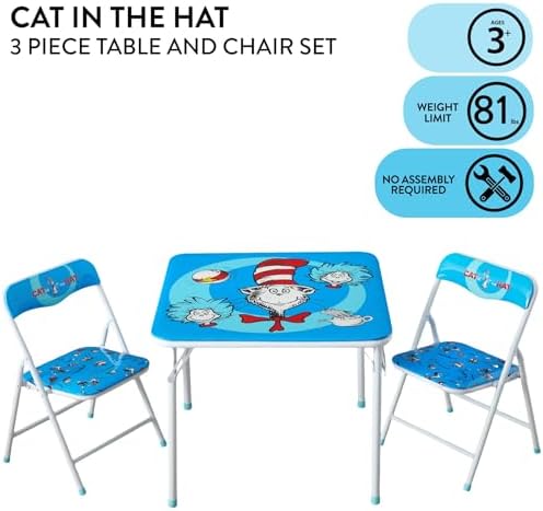 Idea Nuova 3-Piece Furniture Set with 1 Square Table & 2 Folding Chairs for Kids, Cat in The Hat