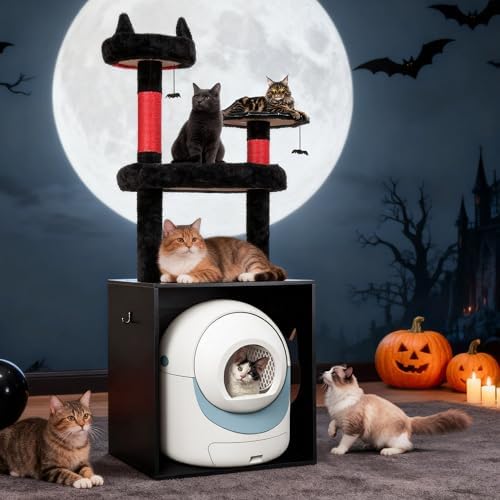 Cat Tree Tower with Litter Box Enclosure, 67''H Cat Tower, Black