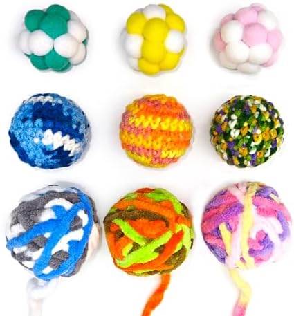 Cat Toy Yarn Ball with Bell Inside, 9Pcs Colorful Interactive Kitten Toys for Indoor Cats Play and Kitten Training, Includes 1.77" 1.57" 1.18" Balls