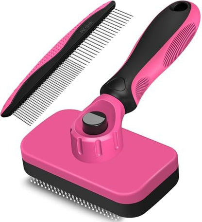 2PCS Self Cleaning Slicker Brush & Dog Comb - Skin Friendly Deshedding Grooming Tool for Dogs, Cats and Small Animals, Professional Deshedding Dematting Tool for Long and Short Haired Pets (Red)