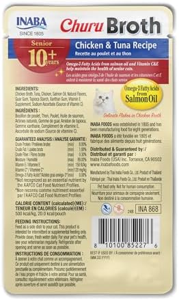 INABA Churu Broth for Cats Senior 10+, Side Dish Pouch, 1.4 Ounces per Pouch, 12 Pouches Total, Chicken & Tuna Recipe