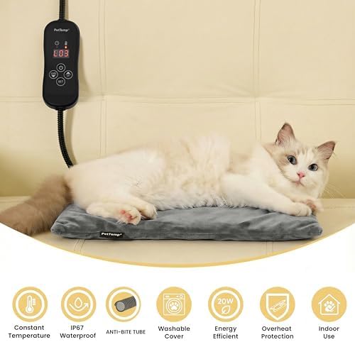 Cat Heating Pad, Heated Cat Bed with 5 Heat Levels, Timer & Auto Shut-Off, Waterproof Warmer with Thick Fleece Cover, Chew-Resistant Cord, for Indoor & Sheltered Outdoor Use (Gray, Small)