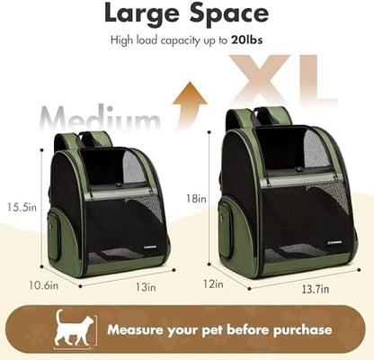 Pet Backpack Carrier, Large Cat Carrier Backpack Up to 20 Lbs with Breathable Mesh, for Medium Large Cats or Small Dogs, Travel Hiking Camping Backpack (DarkGreen-XL)