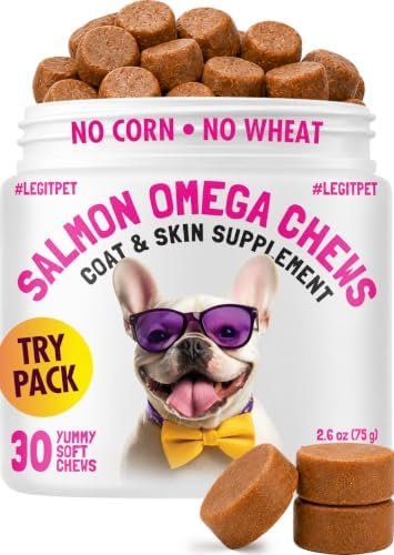 Omega 3 Alaskan Salmon Oil Treats for Dogs 30 Fish Oil Chew Supplement Skin and Coat Allergy and Itch Relief Hip & Joint Health Brain Shedding Hot Spots Treatment Omega 3 6 9 EPA & DHA Fatty Acids