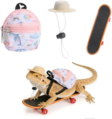 Bearded Dragon Clothes Lizard Toy - Mini hat,Skateboard,Backpack Gifts for Reptiles Pet - Cute Bearded Dragon Costume Accessories for Lizard Iguana Reptiles Small Animals (Pink Whale)