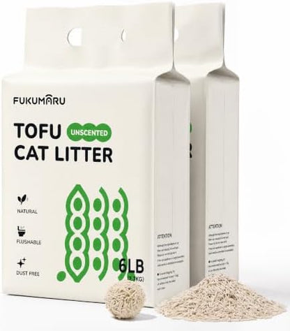 FUKUMARU Tofu Cat Litter, Unscented, Plant-Based, Clumping, Low Dust, 12 lb