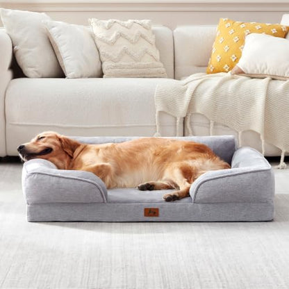 Orthopedic Dog Beds for Large Dogs, Waterproof XL Pet Couch Bed with Soft Sides, Washable Dog Sofa with Flannel Removable Cover, 42" L Supportive Egg-Crate Foam Pet Sofa, Light Grey
