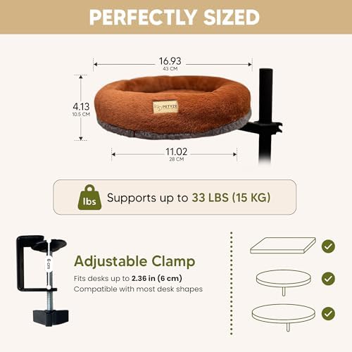 Cat Desk Bed - Sturdy Desk Mount for Office & Home, 360° & Height Adjustable Cat Bed for Desk Attachment, Supports 33 lbs, Dual Use Floor & Desk Nest, Washable Stylish Two-Tone Faux Fur