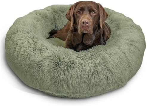 Best Friends by Sheri The Original Calming Donut Dog Bed for Large Dogs up to 100 lbs, Shag Faux Fur, Sage Green, Large, 36" x 36"