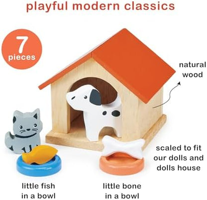 Mentari Toys - Dog & Cat Pet Set - 7pc Wooden Dollhouse Pet Accessories with Kennel, Dog, Cat, Bowls, Bone and Fish - Small World Play - Encourages Imaginative Play and Empathy Skills - Age 3+