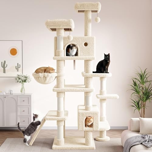 SHA CERLIN 82 inch, Multi-Level Cat Tree Tower for Indoor Cats, Cat Condo with Sisal Scratching Posts, Plush Perches, Hammocks, Toy Balls, Beige