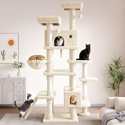 SHA CERLIN 82 inch, Multi-Level Cat Tree Tower for Indoor Cats, Cat Condo with Sisal Scratching Posts, Plush Perches, Hammocks, Toy Balls, Beige