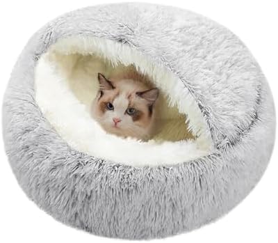 SUOXU Cat Beds for Indoor Cats,Plush Hooded Cat Cave for Puppy Kitty Small Dog Bed,Removable Washable Non-Slip Bottom Self Warming Round Fluffy Faux Fur Super Soft Calming Sleeping Pet Bed(Gray)