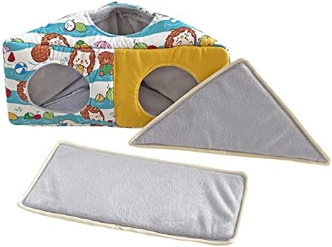Hedgehog Fleece Corner Hideout Cave Collapsible Pet Play Toy Tunnel Tube Warm House Hidey Hut for Sugar Glider Ferret Hamster Small Animal Beds (Blue/Yellow)